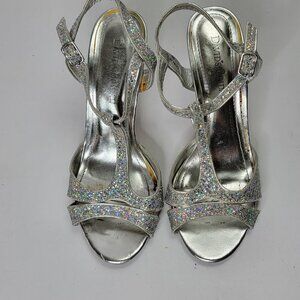 Iridescent Glitter Silver Heels T-strap Size 6.5